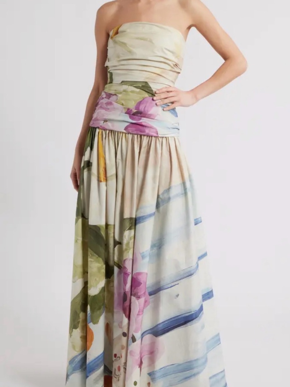 Acler Strapless Floral Watercolor Maxi Dress - Cream Multi